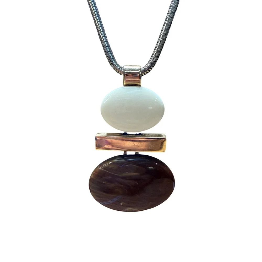 Avon Pendant Necklace Gold Tone Brown Cream Geometric Mid Century‎ Modern